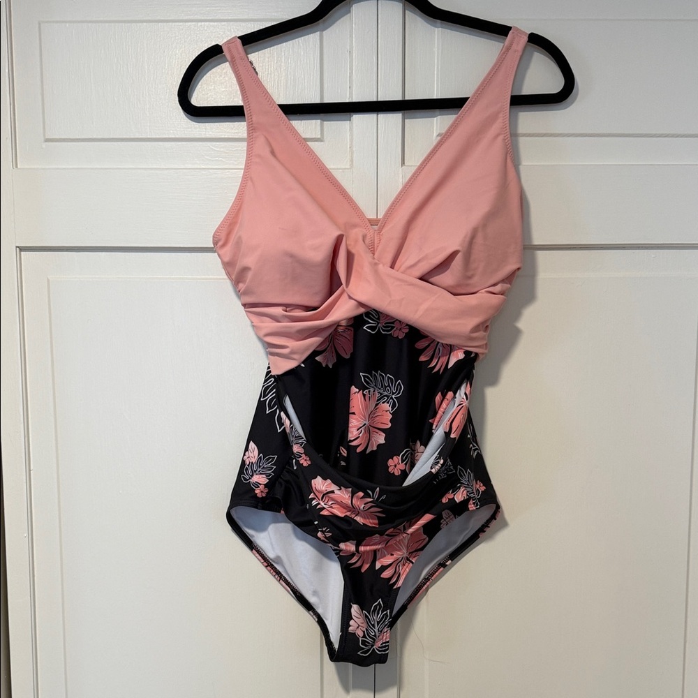 SMISMIVO tummy control light Pink & Black Floral Twist-Front One-Piece Bodysuit